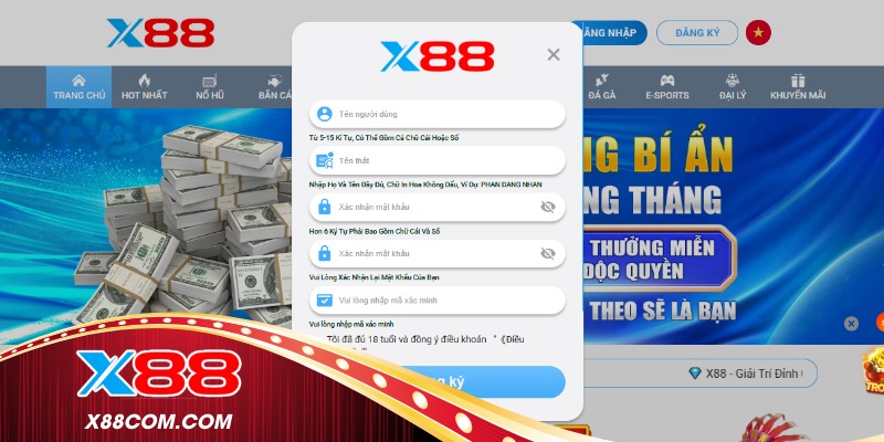 Biểu mẫu đăng ký X88 trên màn hình